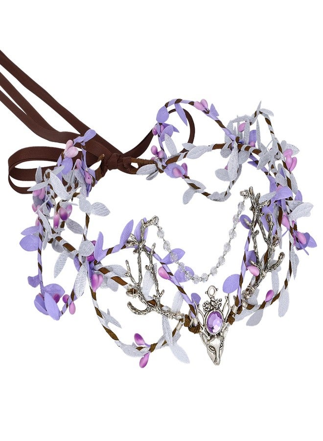 MOSTORY Handmade Purple Woodland Fairy Headpiece - Elf Crown Forest Antler Circlet Silver Branch Wreath with Rhinestone for Princess Party Renaissance Faire Halloween Prom Cosplay - Image 1